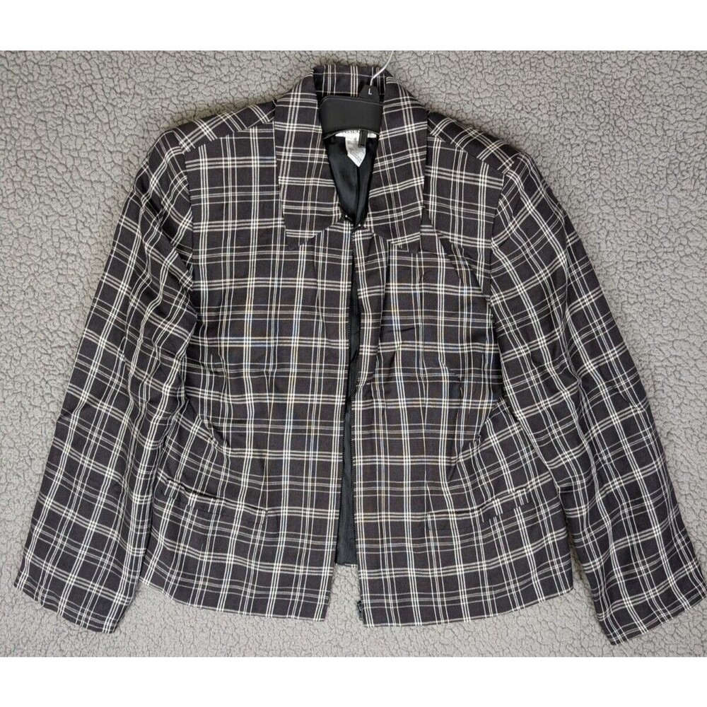 Talbots Plaid Blazer Size 12 Windowpane Black White Zip Up Linen Blend Career